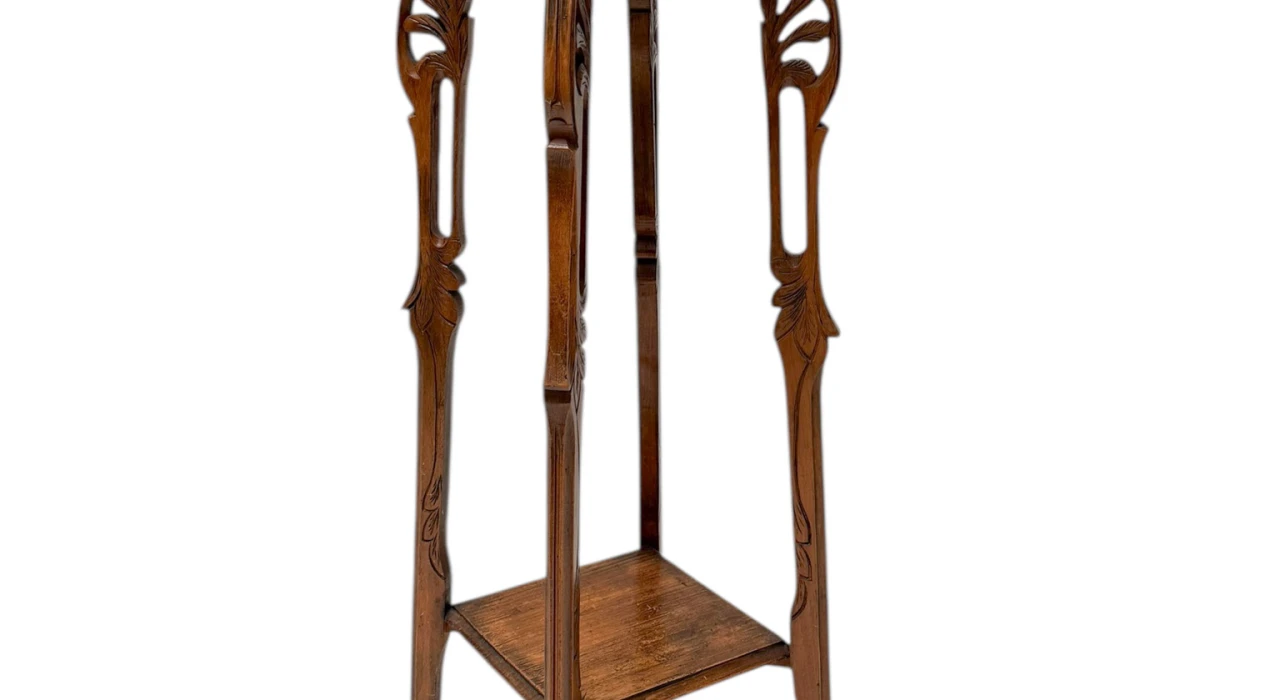 Art Nouveau Pedestal Plant Stand, Hand-Carved Beech & Marble, 1900s