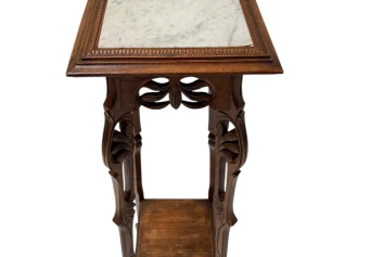 Art Nouveau Pedestal Plant Stand, Hand-Carved Beech & Marble, 1900s