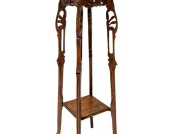 Art Nouveau Pedestal Plant Stand, Hand-Carved Beech & Marble, 1900s