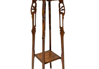 Art Nouveau Pedestal Plant Stand, Hand-Carved Beech & Marble, 1900s
