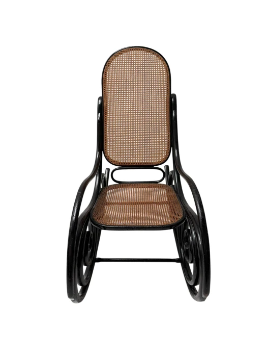Thonet Art Nouveau Rocking Chair, Black Lacquered Beech, Wicker Seat