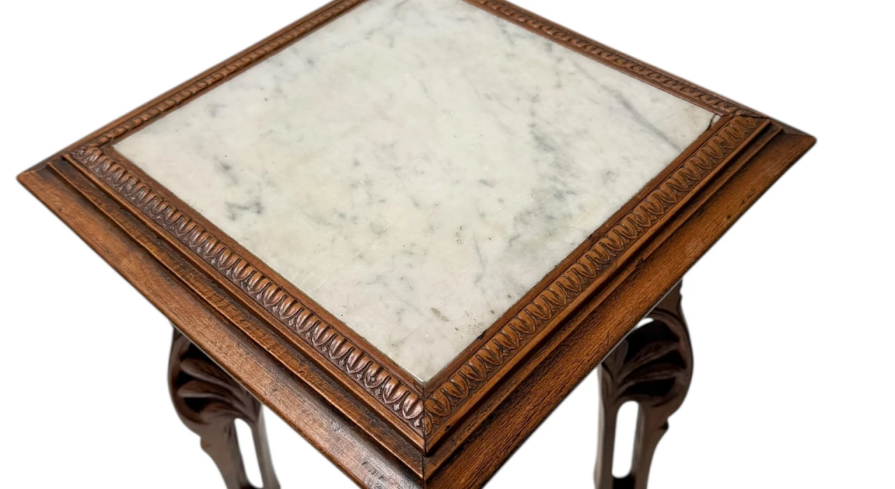 Art Nouveau Pedestal Plant Stand, Hand-Carved Beech & Marble, 1900s
