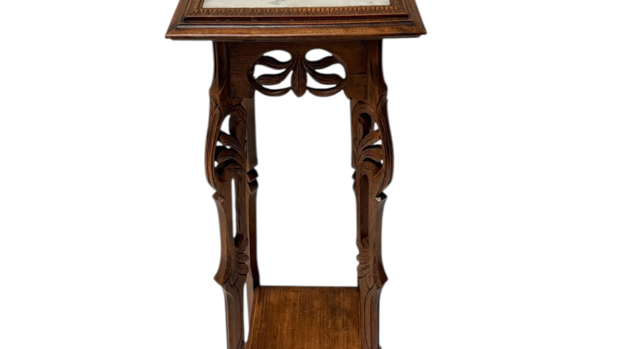 Art Nouveau Pedestal Plant Stand, Hand-Carved Beech & Marble, 1900s