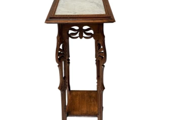 Art Nouveau Pedestal Plant Stand, Hand-Carved Beech & Marble, 1900s