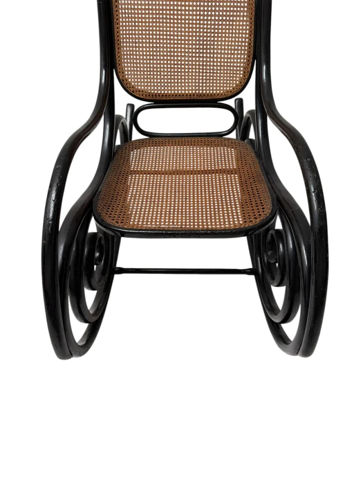 Thonet Art Nouveau Rocking Chair, Black Lacquered Beech, Wicker Seat