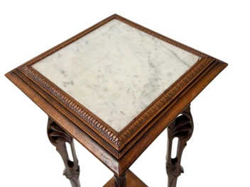 Art Nouveau Pedestal Plant Stand, Hand-Carved Beech & Marble, 1900s