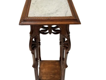 Art Nouveau Pedestal Plant Stand, Hand-Carved Beech & Marble, 1900s