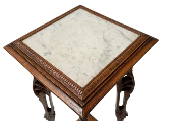 Art Nouveau Pedestal Plant Stand, Hand-Carved Beech & Marble, 1900s