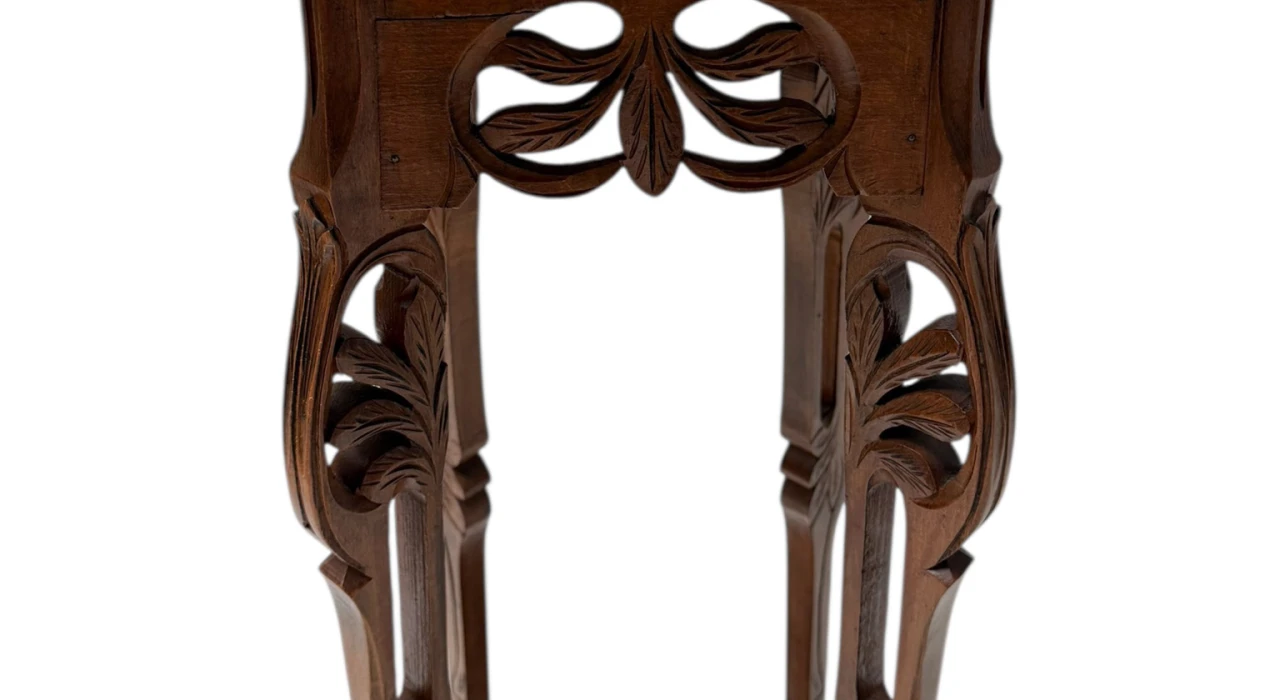 Art Nouveau Pedestal Plant Stand, Hand-Carved Beech & Marble, 1900s