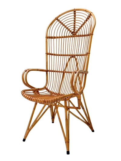 Mid-Century Modern High-Back Lounge Chair, Rattan & Bamboo, 1960s